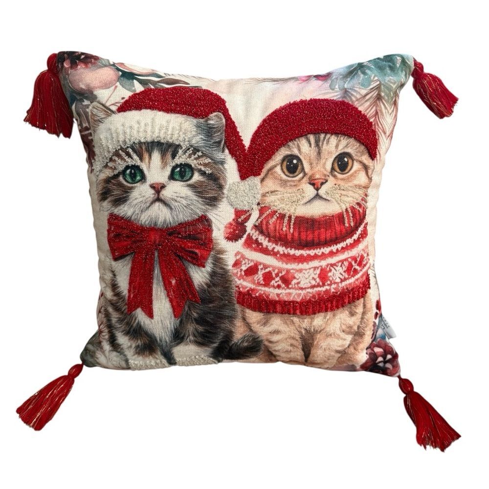 C&C California Home Deluxe Christmas Cats Kittens Pillow Tassels 18x18 Near New